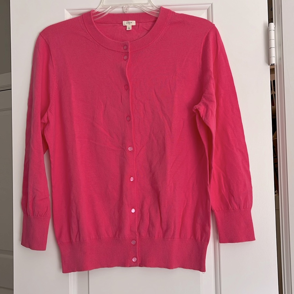LOFT Pink Crewneck Button-Front Cardigan Sweater